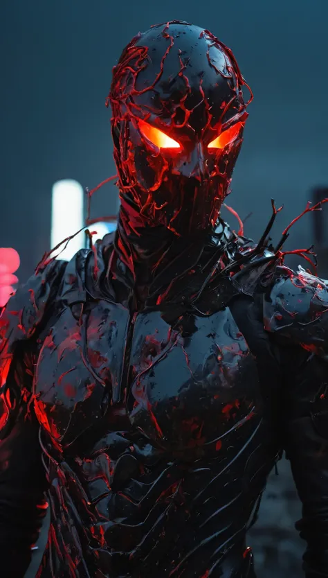 A terrifying, cinematic depiction of the *Crimson Specter*, a faceless, masked entity cloaked in a nightmare of shadowy tendrils and blood-red light. Its mask, an expressionless, obsidian-black surface, is featureless, yet somehow radiates an aura of pure ...