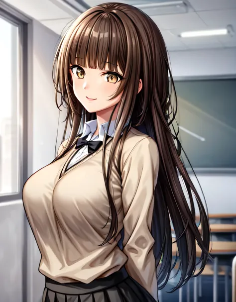 kr1,brown eyes,long hair,blunt bangs,kibito high school uniform,sweater,pleated skirt,(large breasts:1.55),(shiny hair),((solo))...