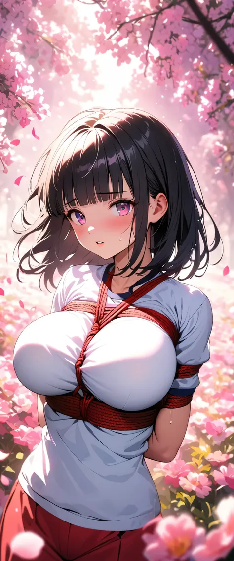 anime girl with big breast standing in a field of flowers