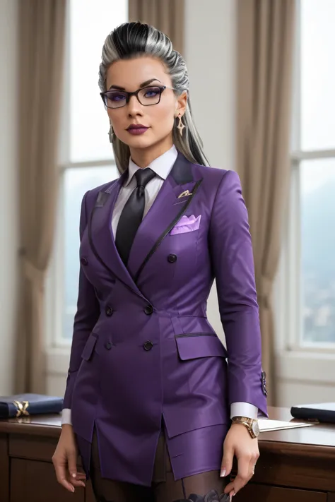 score_9, score_8_up, score_7_up, masterpiece, high quality
 Sndl, long hair, two-tone hair, hair slicked back, double-breasted suits, 1girl, solo, glasses, formal, jewelry, suit, black silk necktie, earrings, purple jacket, shirt, standing, fixing shirt cu...