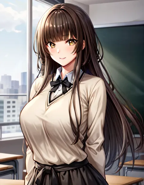 kr1,brown eyes,long hair,blunt bangs,kibito high school uniform,sweater,pleated skirt,(huge breasts:1.2),(shiny hair),((solo)),(...