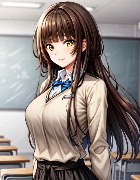 kr1,brown eyes,long hair,blunt bangs,kibito high school uniform,sweater,pleated skirt,(huge breasts:1.2),(shiny hair),((solo)),(...