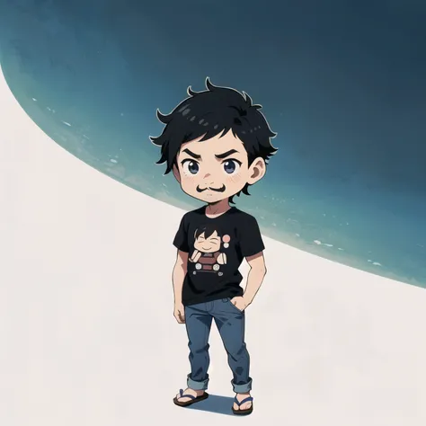 (chibi),(cute),(simle background),((man)),((1 man)),((full body)),((Japanese black male)),((modern person)),moustache,t-shirt,jeans,no background,looking to the side,upright