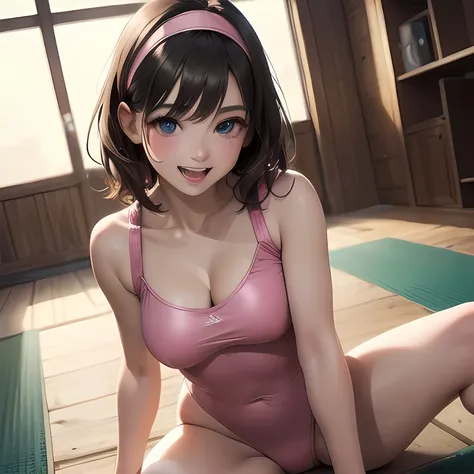 very cute and beautiful girl,(highly detailed beautiful face and eyes:1.2),(pink leotard:1.2),(sleeveless),(laugh), cowboy shot,sitting on training mat in wooden gym,(spread legs),black hair,hair band,dynamic angle,cowboy shot, (best quality,masterpiece:1....