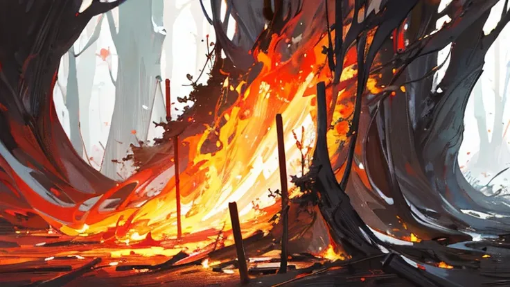 ((Best quality)), ((masterpiece)), (Detailed), 
White and red,Burning Forest,No text,