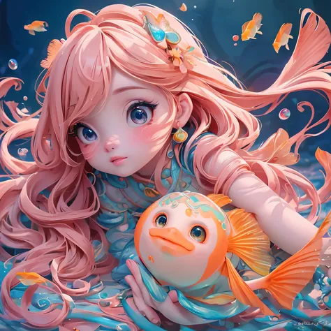 a cute girl riding a goldfish, beautiful detailed eyes, beautiful detailed lips, extremely detailed eyes and face, long eyelashes, long wavy hair, whimsical expression, colorful fish scales, underwater scene, kelp and coral, sunbeams, magical realism, (bes...