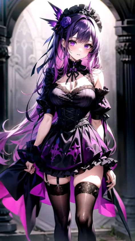 araffe girl in a black dress and purple leg wamer posing for a picture, purple and black clothes, goth punk clothes, witchcore c...