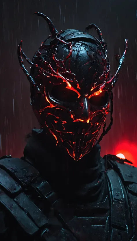 A terrifying, A chilling, cinematic portraya depiction of the *Crimson Specter*, a faceless, masked entity cloaked in a nightmare of shadowy tendrils and blood-red light. Its mask, an expressionless, obsidian-black surface, is featureless, yet somehow radi...