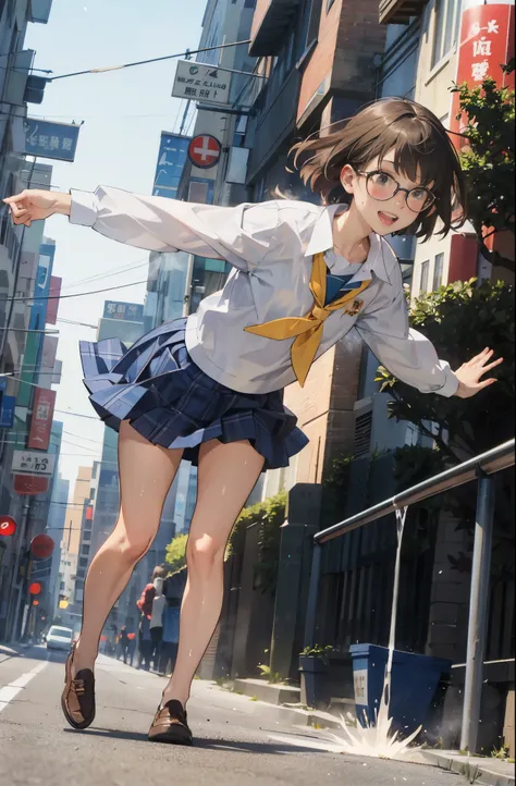 (super flat, flat shading), Honors Type, Really blushing, , high school girl, wearing long sleeve shirt and plaid pleated mini skirt, Short bob cut brown hair, Glasses, sweaty healthy body, mesugaki smile, bare legs, loafers, ultra realistic, early morning...