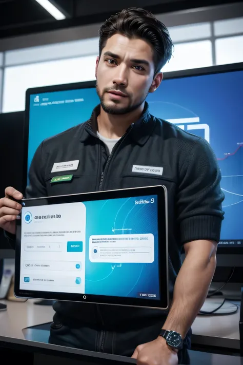 I would like a picture of a man, technology seller, presenting your results, with graphics screens behind him
