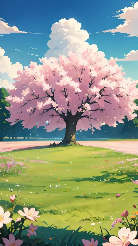 {{summer}}, Grassland, Deep Field, High Definition Quality, Hot Weather, big clouds, Radiation tracing, illustration, The Art of Mathematics, Anime style, tree, Sakura Pink