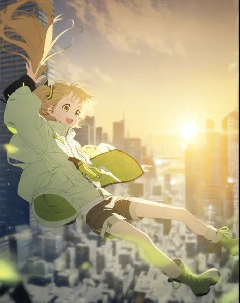 1 girl，Brown side ponytail， Green eyes，White Light Green Cyberpunk Jacket，shorts，boots，Open mouth slightly，Skyscraper background，Sunset，Messy feeling，Wind blowing hair，Sense of，Reach Up，Light Particles，Depth of Field，Smile