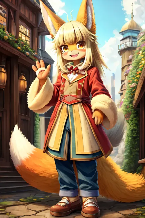 ((best quality)), ((masterpiece)), (detailed), 1boy, nanachi, kemono, fluffy, very fluffy tails, multiple tails, orange and yellow fur color, pants, shoes, detailed, waving, smiling, orange fox animal in the background, tall, adult, fancy clothes,