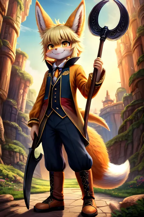 ((best quality)), ((masterpiece)), (detailed), 1boy, nanachi, fluffy, very fluffy tails, multiple tails, orange and yellow fur color, pants, shoes, detailed, waving, smiling, orange fox animal in the background, tall, adult, fancy clothes, epic background,...