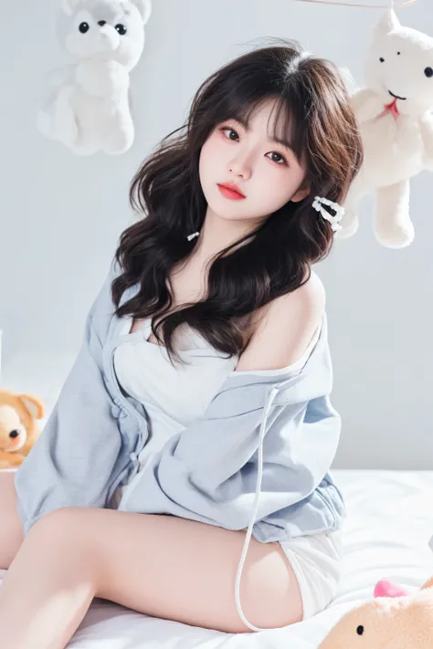 there is a woman sitting on a bed with stuffed animals, sakimichan, ulzzang, captured on canon eos r 6, Chiho, gorgeous young korean woman, trending at cgstation, Yoshitomo Nara, taken with canon eos 5 d mark iv, Xintong Chen, korean girl, jaeyeon nam, che...