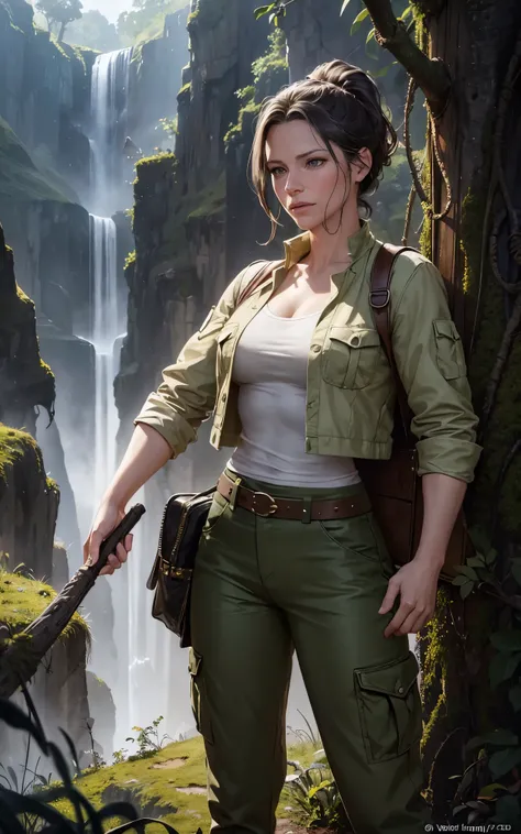 (Evangeline Lilly:Alicia Vikander) ponytail, Explorer in the jungle, white shirt, green jacket, beige cargo pants, year 1925, Lovecraft atmosphere, dark atmosphere, masterpiece, hyperdetailed, trending on artstation, sharp focus, golden ratio, 4k resolutio...