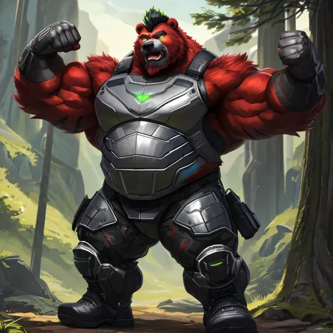 An anthropomorphic badass male 20 meters giant strongman bear (realistic, detailed, 20 meters tall, big like a tree,giant, aesthetic physique, aesthetic proportions, muscle mountain, massive physique, well-built body, bear head (bear head, black thick must...