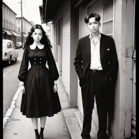 Old black and white photo of a woman. Worn photo. Let the girl look further away, full body. he is not looking at the camera, He is standing to the side watching a car pass by