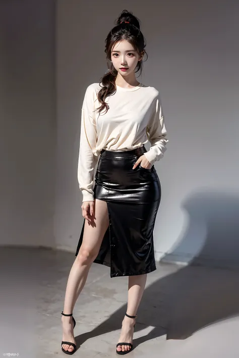 masterpiece, Best Quality, High resolution,Alone, Accurate human body、Correct 5 fingers,Wavy Ponytail,woman,skirt and high heels, Korean womens fashion model, Elegant , Wearing tight simple clothes, Korean, Diagonal, Modern fashion outfit, Trendy clothes, ...