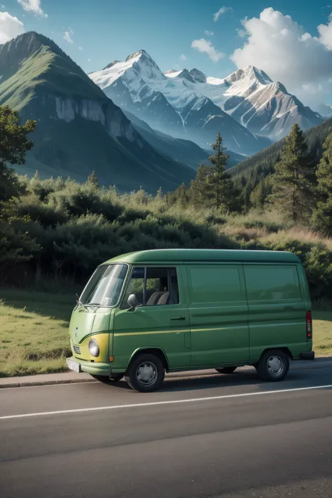 create an illustration of a green van on the side road