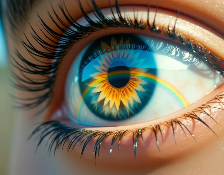 a picture of an eye looking at a rainbow in the sky, the rainbow is ((being reflected in the eye))