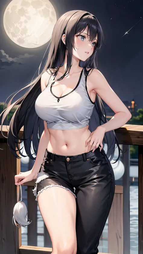 Long black hair with moon-colored inner color、 A firm and beautifully shaped D cup, Green Eyes, Moonlight、moonlight、、、,A composition that captures the whole body from head to toe、Chuckle、Older sister、Sexy Fashion、Sleeveless knit shirt、Belly button exposed、...