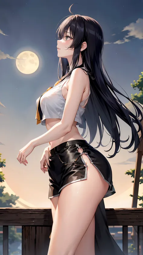 Long black hair with moon-colored inner color、 A firm and beautifully shaped D cup, Green Eyes, Moonlight、moonlight、、、,A composition that captures the whole body from head to toe、Chuckle、Older sister、Sexy Fashion、Sleeveless knit shirt、Belly button exposed、...