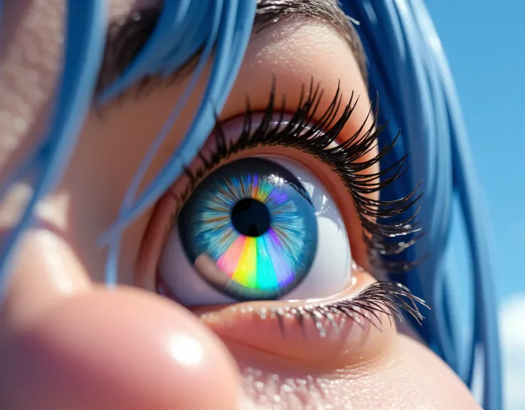 a picture of an eye looking at a rainbow in the sky, the rainbow is ((being reflected in the iris))