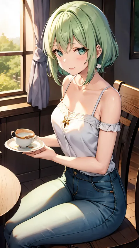 Shoulder-length green hair, Small size breasts, Small breasts、Green Eyes, 、(((Ladylike))),The whole body from head to toe、Jeans and feminine clothes、、Chuckle、((Sit facing the viewer across the table))、Cafe date、Afternoon Tea、町にあるStylishなカフェ、Chatting and dr...