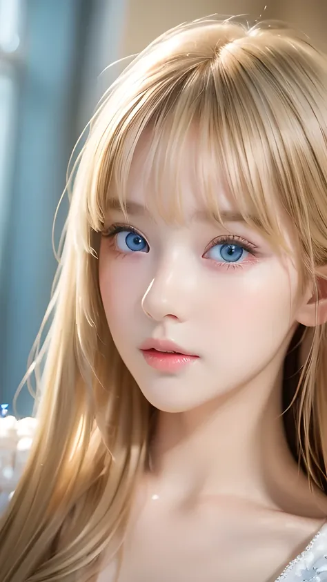 Best Quality、masterpiece、(Realistic:1.4)、One very beautiful blonde girl、Dazzlingly long blonde hair、Beautiful bangs、、Very beautiful, large, shining, extremely bright light blue eyes、front、Very cute baby face with detailed face、Beautiful very light eyes、Sma...
