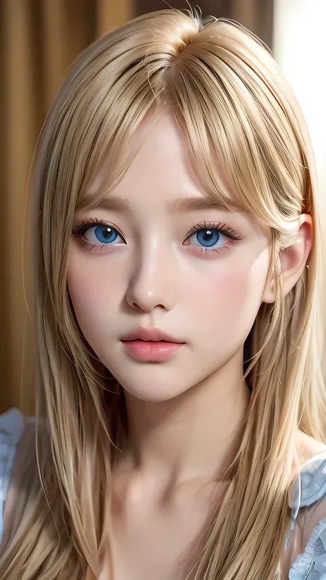 Best Quality、masterpiece、(Realistic:1.4)、One very beautiful blonde girl、Dazzlingly long blonde hair、Beautiful bangs、、Very beautiful, large, shining, extremely bright light blue eyes、front、Very cute baby face with detailed face、Beautiful very light eyes、Sma...