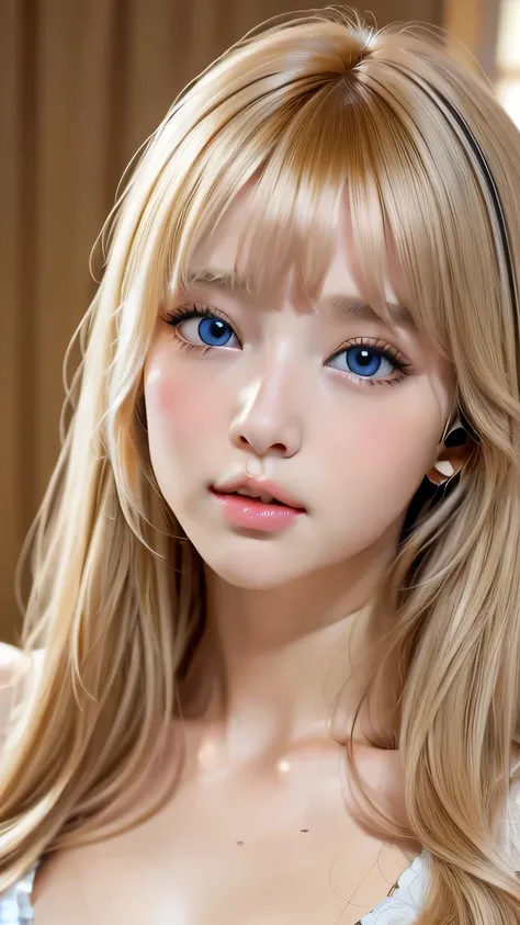 Best Quality、masterpiece、(Realistic:1.4)、One very beautiful blonde girl、Dazzlingly long blonde hair、Beautiful bangs、、Very beautiful, large, shining, extremely bright light blue eyes、front、Very cute baby face with detailed face、Beautiful very light eyes、Sma...