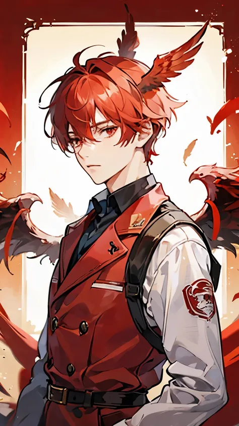 man, short red hair, Red wings on head, Red eyes