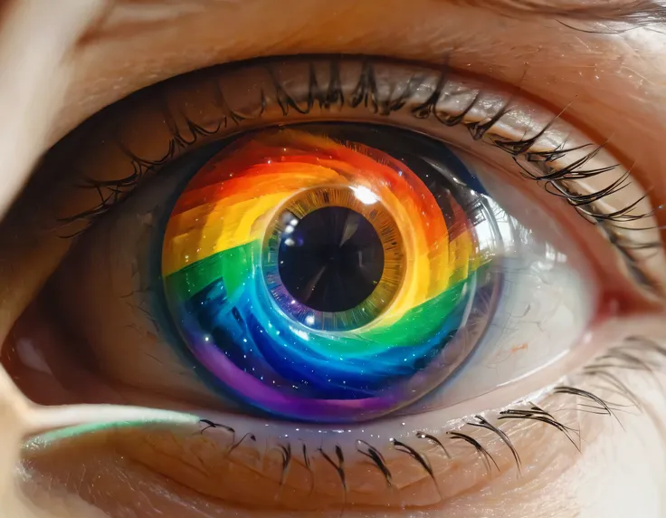 a picture of an eye looking at a rainbow in the sky, the rainbow is ((being reflected in the iris)), ral-czmcrnbw