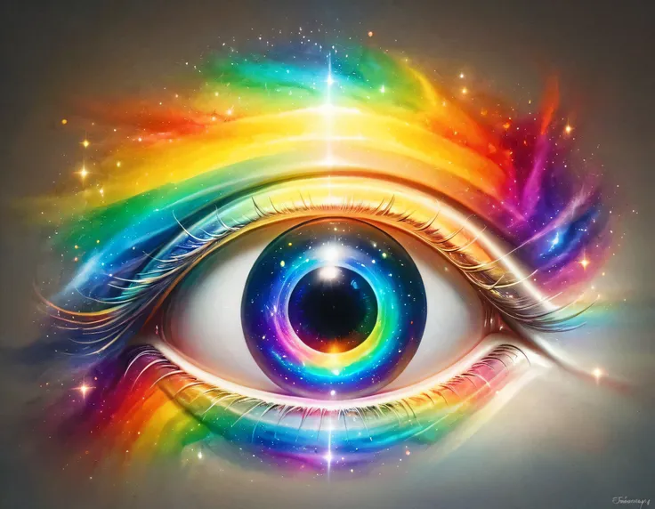 a picture of an eye looking at a rainbow in the sky, the rainbow is ((being reflected in the iris)), ral-czmcrnbw