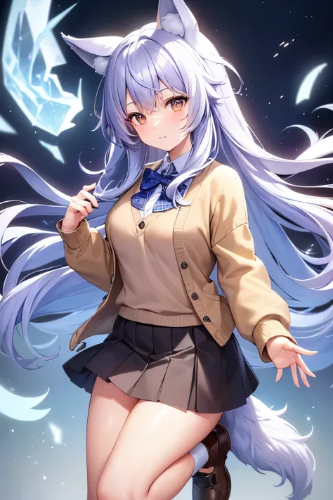 Ice lavender hair, wolf ears and tail, brown eyes, long hair girl, wearing a cardigan, skirt, cute, (best quality, 4k, 8k, high resolution, masterpiece: 1.2), 1 girl, both hands, Both feet, five fingers