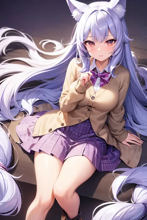 Ice lavender hair, wolf ears and tail, brown eyes, long hair girl, wearing a cardigan, skirt, cute, (best quality, 4k, 8k, high resolution, masterpiece: 1.2), 1 girl, both hands, Both feet, five fingers, undistorted hands and feet