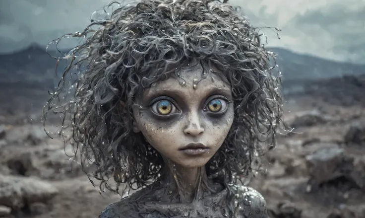 pretty face,eyebrow up,full body length niobium  fairy,full body length shot,very beggar niobium graphite The Alien Entity, babychild,starving, after war,full body shot, of psychedelic style ,The iris looks weird, attractive, The stars in space is reflecte...