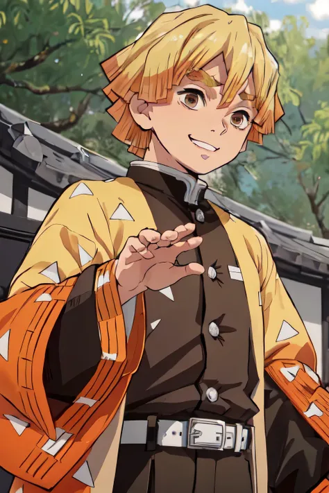 1boy, demon slayer uniform, male focus, solo, blonde hair, japanese clothes, triangle print, haori, long sleeves, short hair, jacket, white belt, outdoors, agatsuma zenitsu, thick eyebrows, brown eyes, smile, upper body, waving,  