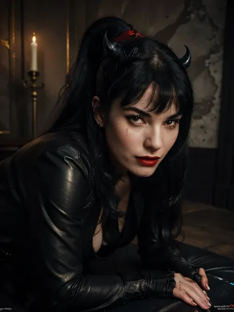 (Best quality, masterpiece)  ,(Meisterwek) a black devil  fucking  in teh ass a satanic sensually smiling soaked  and sweaty Bettie page in flowing powerful mighty menacing black flying  wizard robes with baroque gold embroidery fine black leather gloves, ...