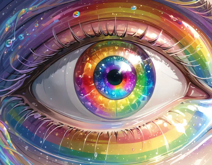 a picture of an eye looking at a rainbow in the sky, the rainbow is ((being reflected in the iris)), ral-czmcrnbw, huge anime eyes