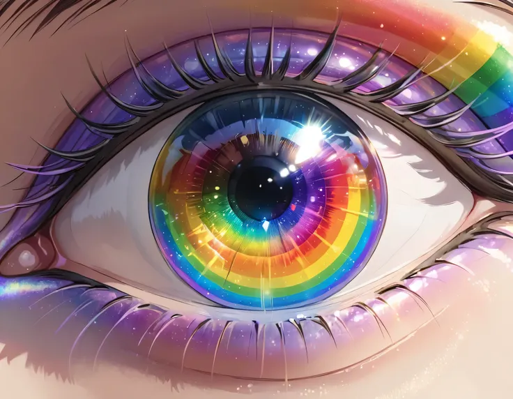a picture of an eye looking at a rainbow in the sky, the rainbow is ((being reflected in the iris)), ral-czmcrnbw, huge anime eyes