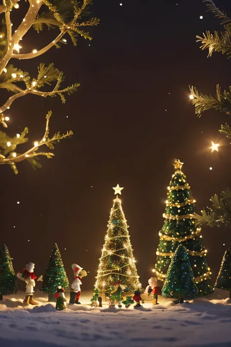 Nighttime scene of a Christmas tree in an open space with a Black Mother Christmas figure storytelling, surrounded by ten diverse children dressed as Christmas elves, running and playing. Warm festive lighting with twinkling lights from the tree illuminati...