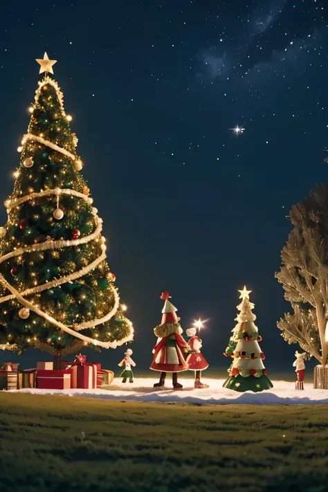 Nighttime scene of a Christmas tree in an open space with a Black Mother Christmas figure storytelling, surrounded by ten diverse children dressed as Christmas elves, running and playing. Warm festive lighting with twinkling lights from the tree illuminati...