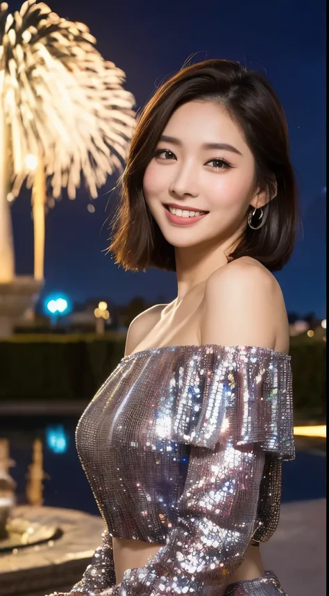 ((night scene, realistic light, best quality, 8K, Masterpiece: 1.3)), 1 woman, slim body beauty: 1.4, brown hair, (big: 1.3), off shoulder cut top: 1.3, Extraordinarily detailed face, Detailed eyes, Double eyelids, Disneyland, fountain, castle, fireworks, ...