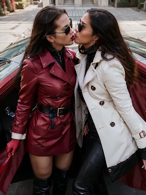 pretty luxury elegant devil girls kissing each other dressed louis vuitton red trench coat ((long coat)) with super high up coll...