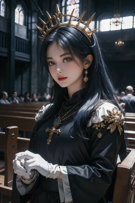 a beautiful Hispanic woman stands inside a church, from below with fisheye effect,sits on a throne, wearing a long velvet nun outfit, smoky eyes, dark blue hair, bangs, gloves, floral tattoo on leg, edgy, happy expression, flash photography, chandelier on ...