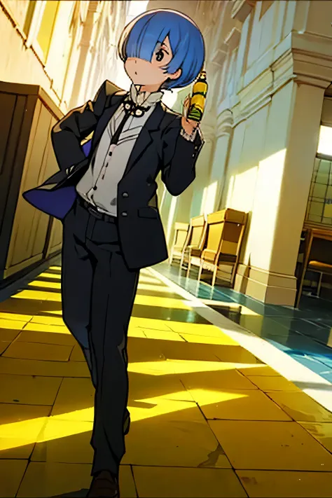 Rem drinking inca kola while being in an office building while wearing a suit and tie