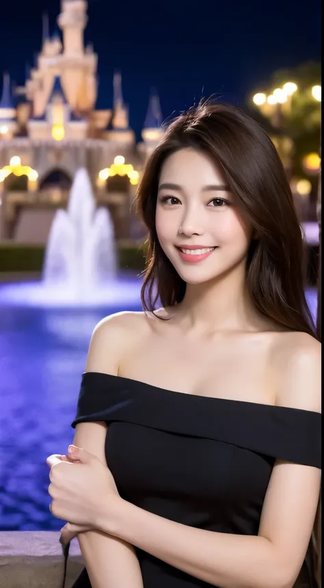 ((night scene, realistic light, best quality, 8K, Masterpiece: 1.3)), 1 woman, slim body beauty: 1.4, brown hair, (big: 1.3), off shoulder cut top: 1.3, Extraordinarily detailed face, Detailed eyes, Double eyelids, Disneyland, fountain, castle, fireworks, ...