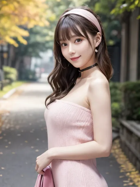 Best Quality, Ultra-high resolution, (Realistic:1.4), One girl, ((Latest fashion for Fall/Winter 2024,Bandeau knit dress,Pink Coordination)), smile, Shoulder Bare, Focus Only, View your viewers,White skin,sunset,Autumnal leaves of trees,Photon Mapping, Phy...